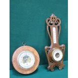 INLAID MAHOGANY CASED CIRCULAR BAROMETER WITH ENAMELLED DIAL AND ART NOUVEAU STYLE BAROMETER