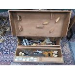 VINTAGE HANDMADE TOOL CHEST CONTAINING VARIOUS TOOLS INCLUDING STANLEY PLANE, ROUTER, ETC.