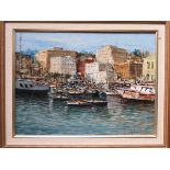 ANDREA PATRISI, FRAMED OIL ON BOARD DEPICTING A BUSY HARBOUR SCENE, APPRXIMATELY 28.5cm x 28.