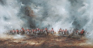 DAVID CARTWRIGHT, FRAMED OIL ON CANVAS-  LES TERRIBLES CHEVAUX GRIS, BATTLE OF WATERLOO 1815,