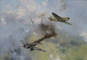 DAVID SHEPHERD, FRAMED OIL ON CANVAS DEPICTING A WORLD WAR II AIR BATTLE,