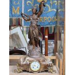 ART NOUVEAU STYLE SPELTER FIGURE FORM MANTEL CLOCK WITH ENAMELLED DIAL,