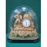 FRENCH STYLE GILT METAL MANTEL CLOCK WITH ENAMELLED DIAL UNDER VICTORIAN GLASS DOME BY H.