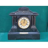 LARGE BLACK SLATE MANTLE CLOCK WITH ENAMELLED AND CIRCULAR DIAL,