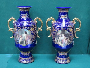 PAIR OF GILDED DECORATIVE TWO HANDLED VASES WITH TRANSFER DECORATION,