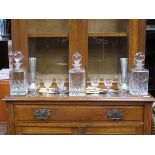 THREE GLASS DECANTERS, VARIOUS OTHER GLASSWARE, FLATWARE, ETC.