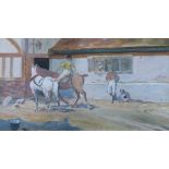 FRAMED OIL ON CANVAS DEPICTING A COTTAGE SCENE WITH GENT ON HORSEBACK,