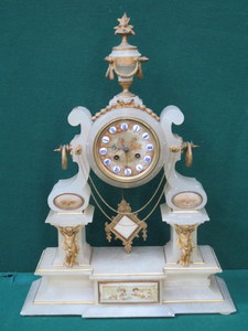 VICTORIAN STYLE ALABASTER MANTEL CLOCK WITH GILT METAL AND HANDPAINTED CHERUBS,