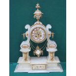 VICTORIAN STYLE ALABASTER MANTEL CLOCK WITH GILT METAL AND HANDPAINTED CHERUBS,