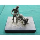 BRONZE FIGURE GROUP DEPICTING GREEK STYLE FIGURE AND LION ON MARBLE SUPPORT