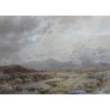 W BRADLEY, FRAMED WATERCOLOUR DEPICTING A COUNTRY SCENE WITH MOUNTAINS,