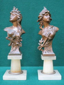 PAIR OF FRENCH STYLE ART NOUVEAU PAINTED SPELTER BUSTS ON ONYX STANDS,