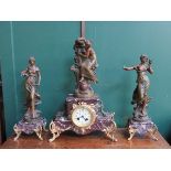 ART NOUVEAU FRENCH STYLE SPELTER FIGURE FORM CLOCK AND GARNITURE SET WITH ENAMELLED DIAL AND ORMOLU