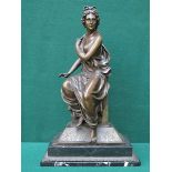 VICTORIAN STYLE BRONZE SEATED FIGURINE ON MARBLE EFFECT STAND, UNSIGNED,