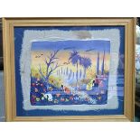 BURTON CHENET, FRAMED PAINTING ON SILK DEPICTING AN AFRICAN COUNTRY SCENE,