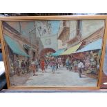 FRAMED MIDDLE EASTERN STYLE VILLAGE SCENE OIL ON BOARD SIGNED TO BOTTOM LEFT INDISTINCT ALSO A