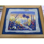 BURTON CHENET, FRAMED PAINTING ON SILK DEPICTING AN AFRICAN COUNTRY SCENE,