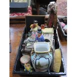 TRAY LOT INCLUDING STAFFORDSHIRE FIGURES, SILVER BRUSH ETC.