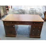 VICTORIAN MAHOGANY SIX DRAWER PEDESTAL WRITING DESK WITH LEATHER INSERT