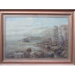 HENRY RALLET, FRAMED OIL ON CANVAS DEPICTING A COASTAL SCENE AT LOW TIDE,