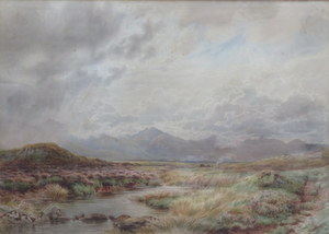 W BRADLEY, FRAMED WATERCOLOUR DEPICTING A COUNTRY SCENE WITH MOUNTAINS,