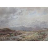 W BRADLEY, FRAMED WATERCOLOUR DEPICTING A COUNTRY SCENE WITH MOUNTAINS,