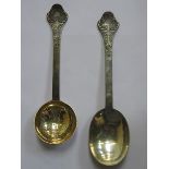 DECORATIVE HALLMARKED SILVER SIFTING SPOON AND TWO MATCHING SPOONS,