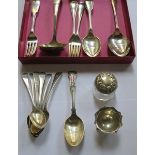 PARCEL OF SILVER SPOONS, SILVER OPEN SALT,