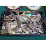 TRAY LOT OF INTERESTING SUNDRY ITEMS INCLUDING FLATWARE, CORKSCREWS, SUGAR TONGS, NAPKIN RINGS, ETC.