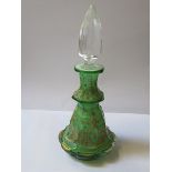 PRETTY FRENCH STYLE GILDED GREEN GLASS PERFUME DECANTER,