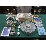 PARCEL OF SILVER PLATEDWARE, FLATWARE, TWO PAIRS OF BRASS CANDLESTICKS, DANISH JUG, ETC.