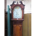 OAK AND MAHOGANY LONGCASE CLOCK WITH HANDPAINTED DIAL,