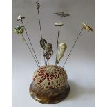 TORTOISE SHELL EFFECT VINTAGE HAT PIN STAND AND TEN VARIOUS HAT PINS INCLUDING TWO BY CHARLES