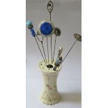 CERAMIC HAT PIN STAND AND EIGHT HAT PINS INCLUDING ONE BY CHARLES HORNER PLUS ONE SILVER AND