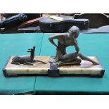 ART DECO BRONZE STYLE FIGURE GROUP DEPICTING A SEATED LADY, ON MARBLE STAND,