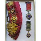 GILT METAL AND ENAMELLED MASONIC SASH AND TWO SIMILAR MEDALS RELATING TO R.A.O.B.