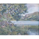 MONTAGUE LEDER, GILT FRAMED OIL ON BOARD DEPICTING A LAKESIDE SCENE,