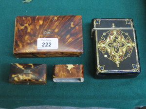 TWO ANTIQUE TORTOISE SHELL STORAGE BOXES AND EBONISED AND GILDED STORAGE BOX (ALL AT FAULT)