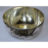 GOOD QUALITY JAPANESE RELIEF DECORATED SILVER BOWL, STAMPED STERLING MIYAMOTO-SHOKO TO BASE,