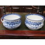 TWO BLUE AND WHITE GLAZED CERAMIC CHAMBER POTS