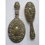 REPOUSSE DECORATED SILVER DRESSING MIRROR AND BRUSH