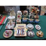 SUNDRY CERAMICS INCLUDING MEISSEN INKWELL, VICTORIAN JUG, MASONS TEA POY, ETC.