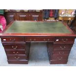 REPRODUCTION MAHOGANY NINE DRAWER PEDESTAL WRITING DESK WITH LEATHER INSERT