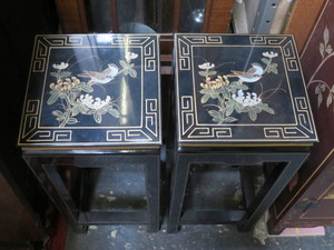 PAIR OF GILDED BLACK LACQUERED ORIENTAL STYLE PLANT STANDS