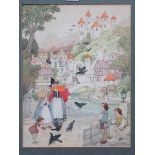 MODERN CHILDRENS' ILLUSTRATION DEPICTING A MYTHICAL VILLAGE, SIGNED TO BOTTOM RIGHT, DATED 1980,