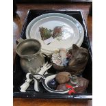 TRAY OF SUNDRIES INCLUDING BLACK FOREST STYLE BEAR, TANKARD, GLASS PERFUME BOTTLE ETC.