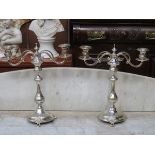 PAIR OF GEORGIAN STYLE SILVER PLATED TWO SCONCE CANDELABRAS