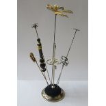 SILVER COLOURED HAT PIN STAND AND SIX HAT PINS INCLUDING ON BY CHARLES HORNER