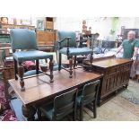 OAK REFECTORY STYLE DRAW LEAF DINING TABLE WITH SIX -5+1 CHAIRS AND SIDEBOARD