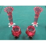 PAIR OF VICTORIAN STYLE DECORATIVE CRANBERRY GLASS FLOWER VASES WITH MATCHING BOWLS